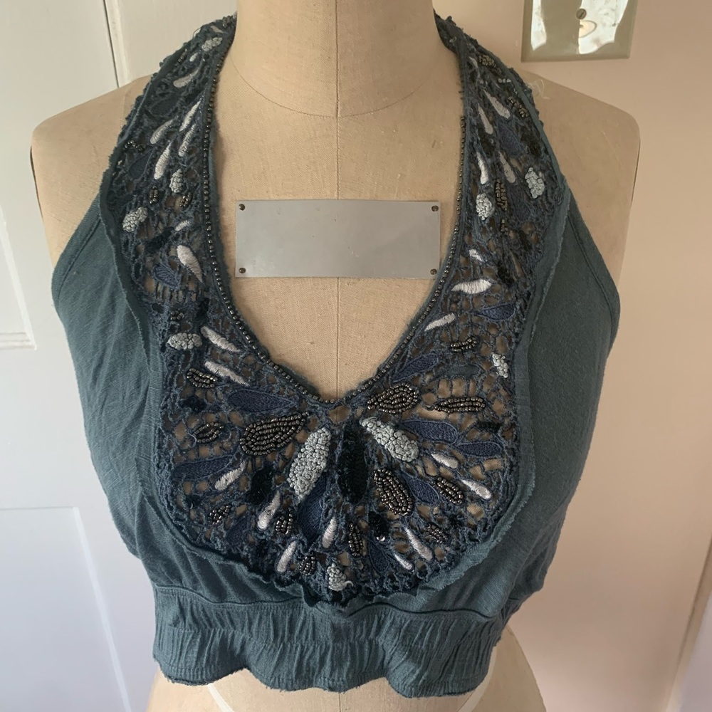 Free People Dark Teal Cropped Halter Top with Beaded Lace